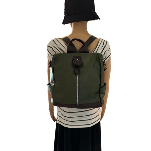 Olive Green Faux Leather Backpack Handbag with Brown Trim - Picture 1 of 5